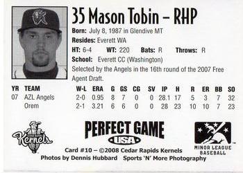 2008 Perfect Game Cedar Rapids Kernels #10 Mason Tobin Back