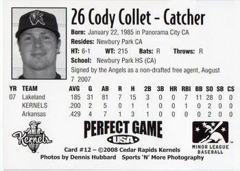 2008 Perfect Game Cedar Rapids Kernels #12 Cody Collet Back