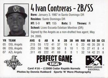 2008 Perfect Game Cedar Rapids Kernels #16 Ivan Contreras Back