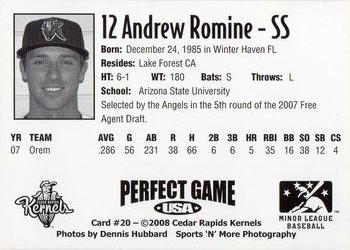 2008 Perfect Game Cedar Rapids Kernels #20 Andrew Romine Back