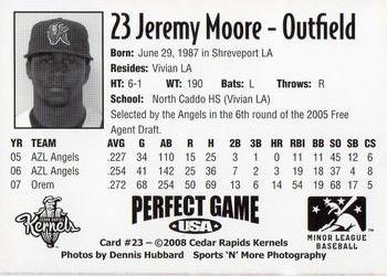 2008 Perfect Game Cedar Rapids Kernels #23 Jeremy Moore Back
