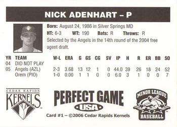 2006 Perfect Game Cedar Rapids Kernels #1 Nick Adenhart Back