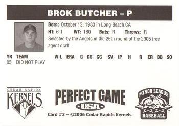 2006 Perfect Game Cedar Rapids Kernels #3 Brok Butcher Back