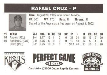 2006 Perfect Game Cedar Rapids Kernels #4 Rafael Cruz Back