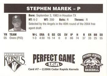 2006 Perfect Game Cedar Rapids Kernels #7 Stephen Marek Back