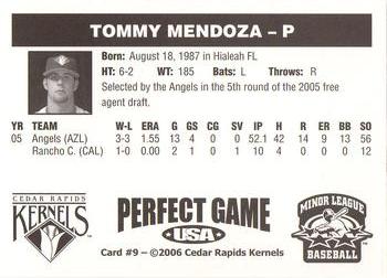 2006 Perfect Game Cedar Rapids Kernels #9 Tommy Mendoza Back