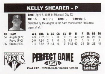 2006 Perfect Game Cedar Rapids Kernels #12 Kelly Shearer Back
