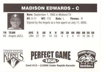 2006 Perfect Game Cedar Rapids Kernels #13 Madison Edwards Back