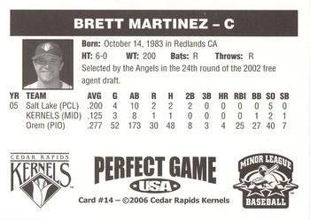 2006 Perfect Game Cedar Rapids Kernels #14 Brett Martinez Back