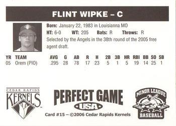2006 Perfect Game Cedar Rapids Kernels #15 Flint Wipke Back