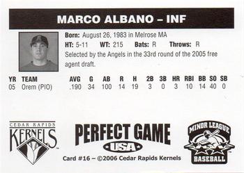 2006 Perfect Game Cedar Rapids Kernels #16 Marco Albano Back