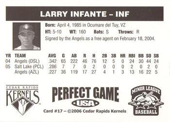 2006 Perfect Game Cedar Rapids Kernels #17 Larry Infante Back