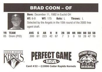 2006 Perfect Game Cedar Rapids Kernels #22 Brad Coon Back