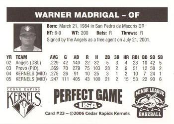 2006 Perfect Game Cedar Rapids Kernels #23 Warner Madrigal Back