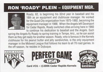 2006 Perfect Game Cedar Rapids Kernels #31 Ron Plein Back