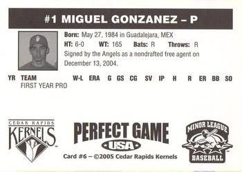 2005 Perfect Game Cedar Rapids Kernels #6 Miguel Gonzalez Back