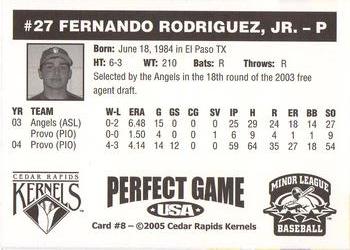 2005 Perfect Game Cedar Rapids Kernels #8 Fernando Rodriguez, Jr. Back
