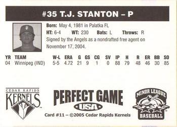 2005 Perfect Game Cedar Rapids Kernels #11 T.J. Stanton Back