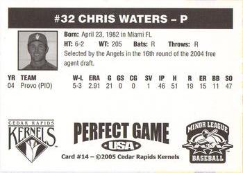 2005 Perfect Game Cedar Rapids Kernels #14 Chris Waters Back