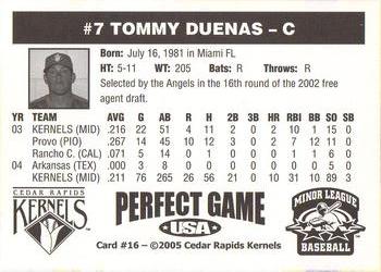 2005 Perfect Game Cedar Rapids Kernels #16 Tommy Duenas Back