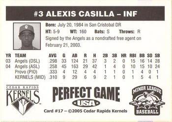 2005 Perfect Game Cedar Rapids Kernels #17 Alexi Casilla Back