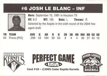 2005 Perfect Game Cedar Rapids Kernels #18 Josh LeBlanc Back