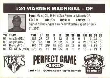 2005 Perfect Game Cedar Rapids Kernels #25 Warner Madrigal Back