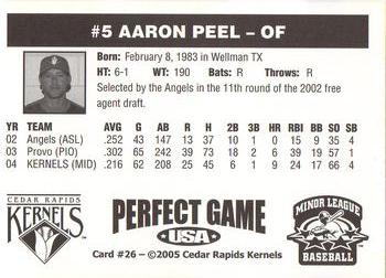 2005 Perfect Game Cedar Rapids Kernels #26 Aaron Peel Back