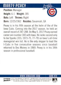 2017 Choice Iowa Cubs #31 Marty Pevey Back