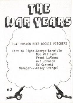 1977 TCMA The War Years - Black Border #63 Boston Bees Rookie Pitchers (George Barnicle / Ed Carnett / Art Johnson / Frank LaManna / Casey Stengel / Bob Williams) Back