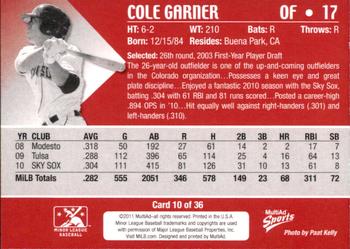 2011 MultiAd Colorado Springs Sky Sox #10 Cole Garner Back