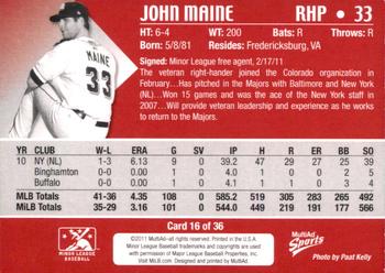 2011 MultiAd Colorado Springs Sky Sox #16 John Maine Back