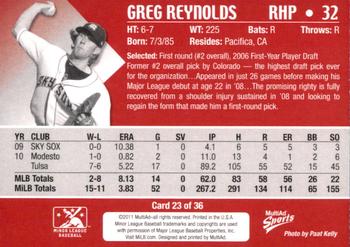 2011 MultiAd Colorado Springs Sky Sox #23 Greg Reynolds Back