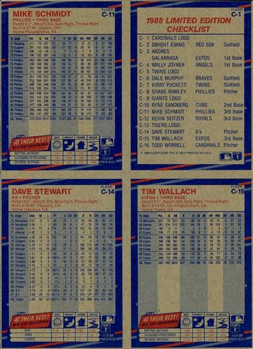 1988 Fleer - Box Bottom Panels #C-1 / C-11 / C-14 / C-15 St. Louis Cardinals Logo / Mike Schmidt / Tim Wallach / Dave Stewart Back