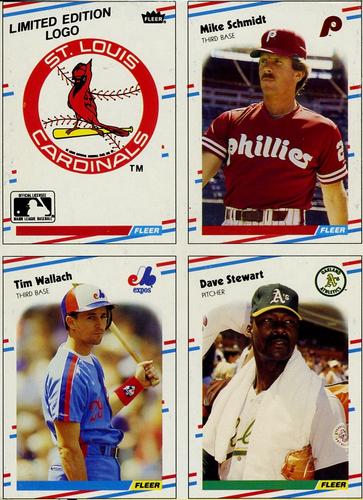1988 Fleer - Box Bottom Panels #C-1 / C-11 / C-14 / C-15 St. Louis Cardinals Logo / Mike Schmidt / Tim Wallach / Dave Stewart Front
