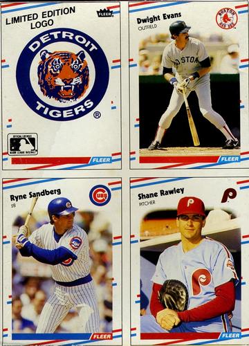 1988 Fleer - Box Bottom Panels #C-2 / C-8 / C-10 / C-13 Detroit Tigers Logo / Dwight Evans / Ryne Sandberg / Shane Rawley Front
