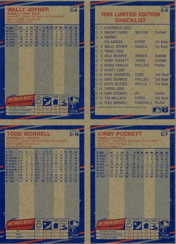1988 Fleer - Box Bottom Panels #C-4 / C-5 / C-7 / C-16 Minnesota Twins Logo / Wally Joyner / Kirby Puckett / Todd Worrell Back