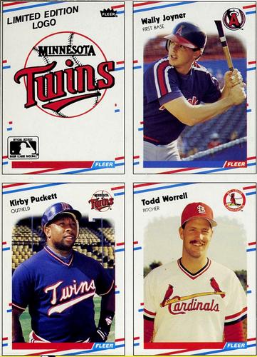 1988 Fleer - Box Bottom Panels #C-4 / C-5 / C-7 / C-16 Minnesota Twins Logo / Wally Joyner / Kirby Puckett / Todd Worrell Front