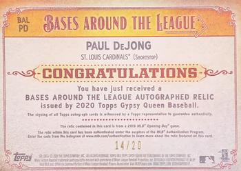 2020 Topps Gypsy Queen - Bases Around the League Autograph Relic #BAL-PD Paul DeJong Back