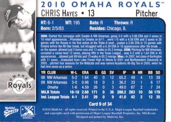 2010 MultiAd Omaha Royals #9 Chris Hayes Back