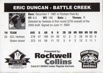 2004 Rockwell Collins Midwest League All-Stars #1 Eric Duncan Back