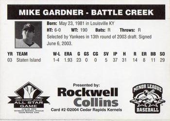 2004 Rockwell Collins Midwest League All-Stars #2 Mike Gardner Back