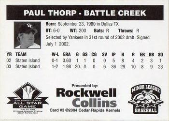 2004 Rockwell Collins Midwest League All-Stars #3 Paul Thorp Back