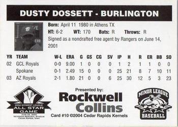 2004 Rockwell Collins Midwest League All-Stars #10 Dusty Dossett Back
