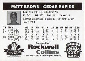 2004 Rockwell Collins Midwest League All-Stars #13 Matt Brown Back