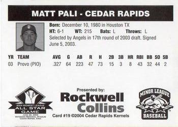 2004 Rockwell Collins Midwest League All-Stars #19 Matt Pali Back