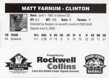 2004 Rockwell Collins Midwest League All-Stars #22 Matt Farnum Back