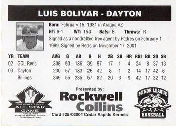 2004 Rockwell Collins Midwest League All-Stars #25 Luis Bolivar Back
