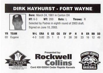 2004 Rockwell Collins Midwest League All-Stars #28 Dirk Hayhurst Back