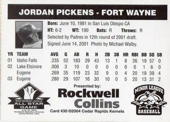 2004 Rockwell Collins Midwest League All-Stars #30 Jordan Pickens Back